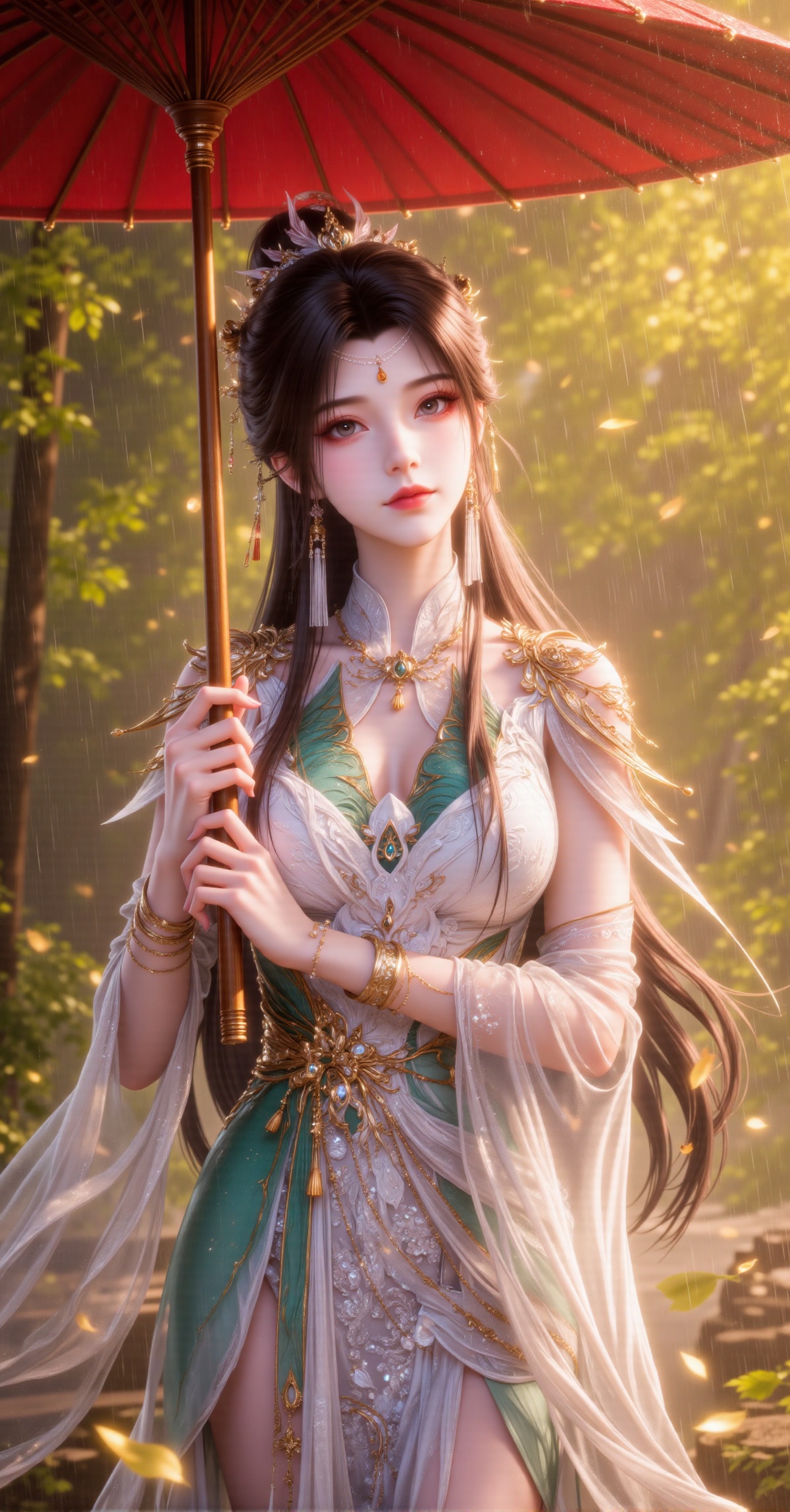 A stunning digital artwork depicts a beautiful Asian woman with fair skin and long,  dark hair,  wearing an intricate by 千...