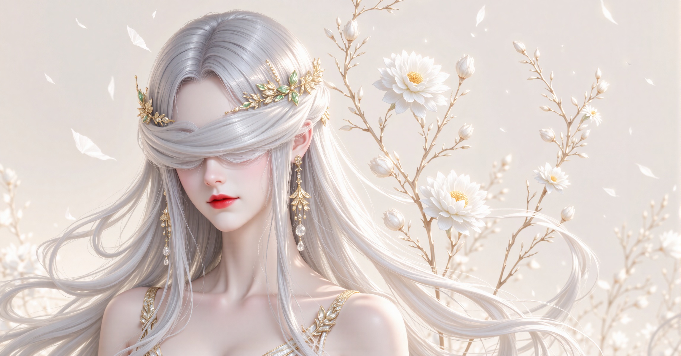 A digital painting of a pale-skinned woman with long,  silver hair adorned with delicate gold and green leaf-like accessor...