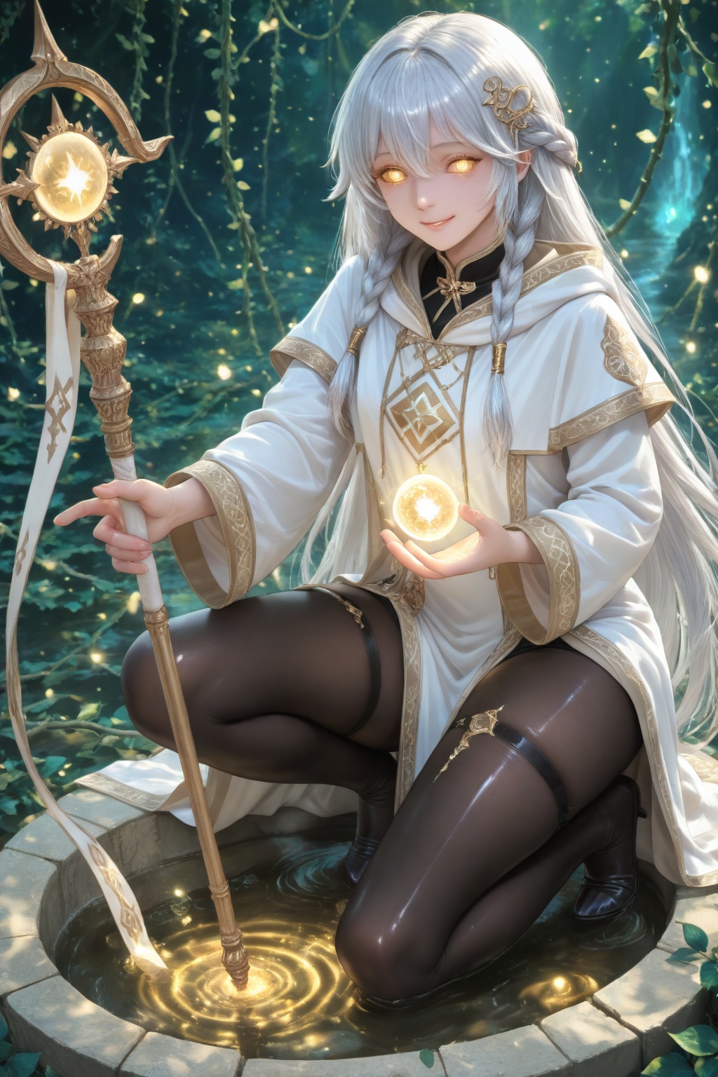 black pantyhose,  (shiny pantyhose),  "A highly detailed and intricate gacha game splash art illustration. The subject is...