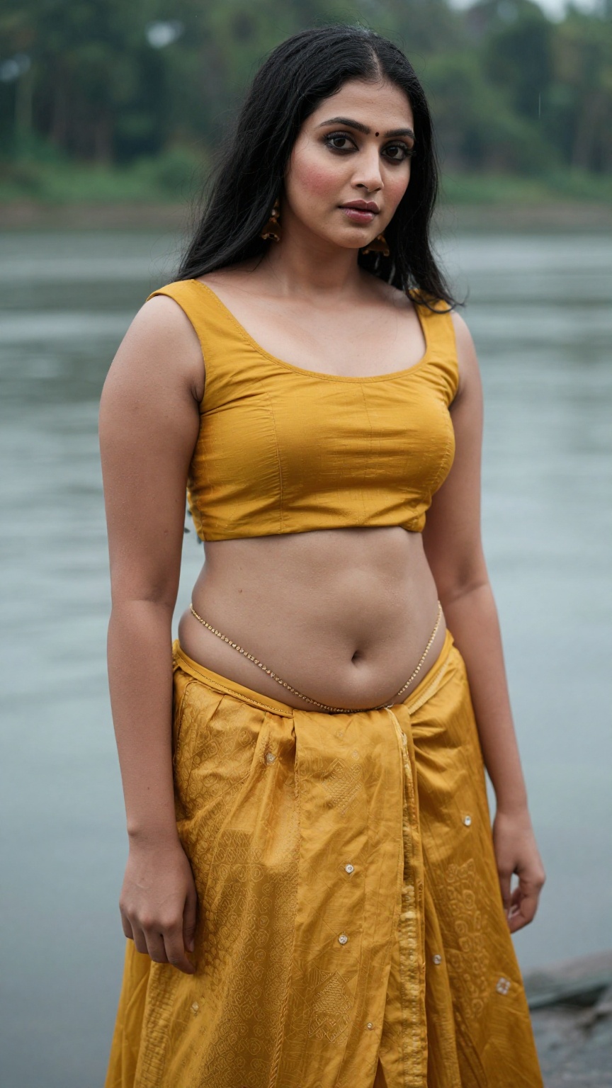 Create an ultra-realistic image of a fair-skinned Kerala woman standing beside a calm riverside during the monsoon season....