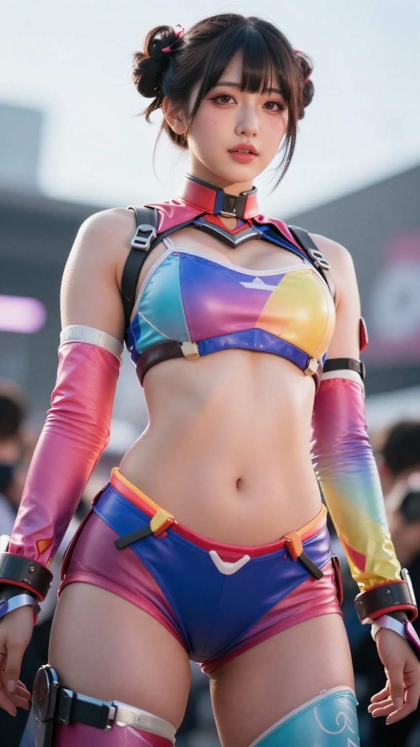 Create an ultra-realistic fashion campaign with a low-angle shot focusing on a Japanese girl. She has a complex hairstyle...