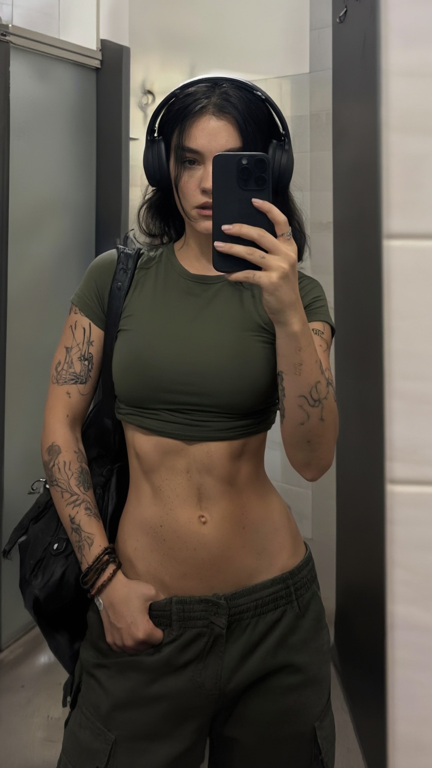 Highly detailed hyper-realistic mirror selfie of a fit young woman with dark hair,  large headphones,  and extensive arm t...