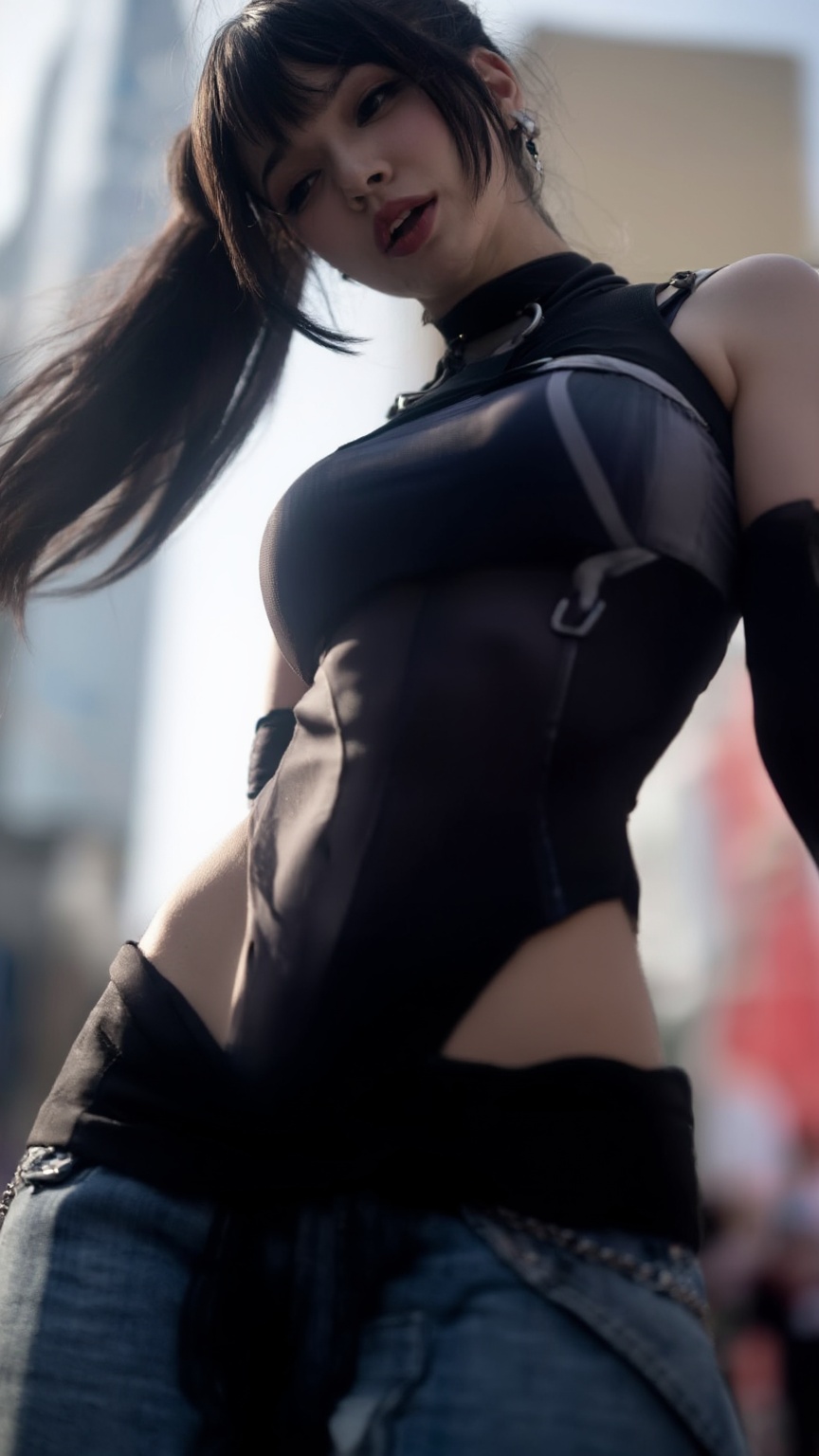Ultra-realistic fashion campaign,  low-angle shot,  European woman ponytail on Tensor.Art