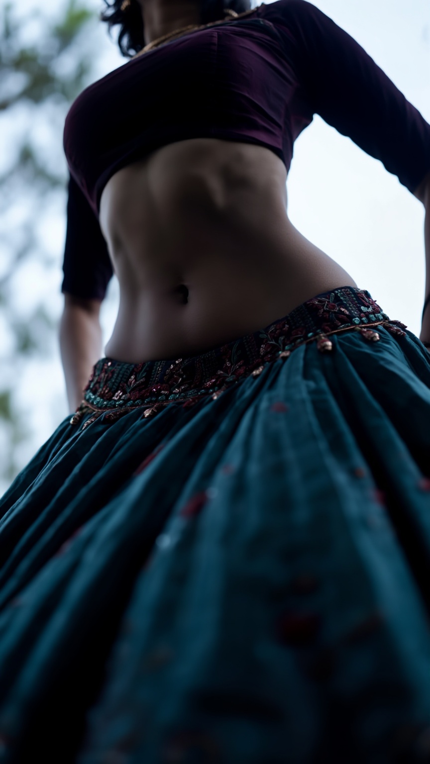 Low-angle,  young Indian woman with a fit hourglass figure,  ultra-low-rise low-waisted designer lehenga skirt on Tensor.Art