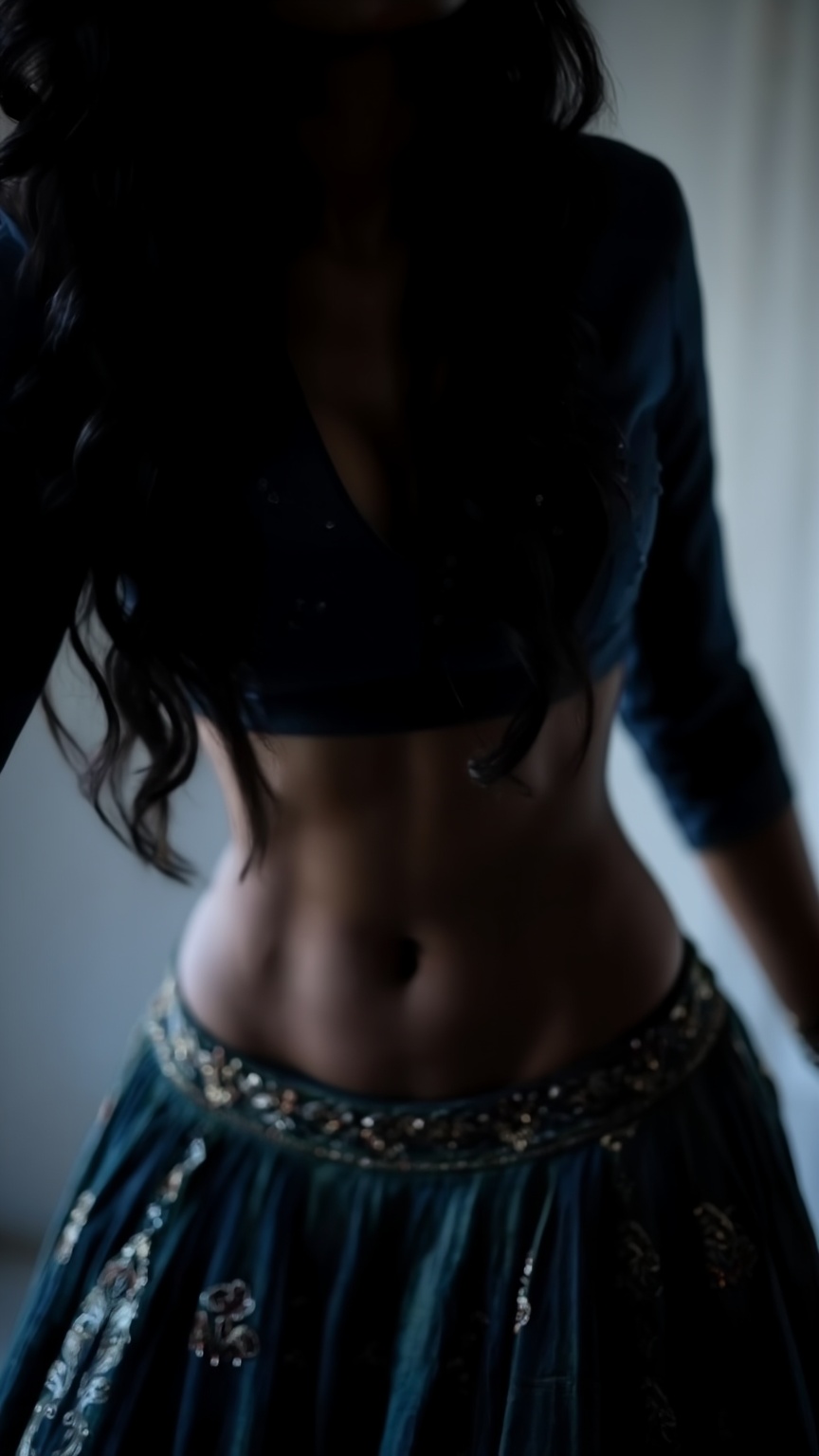 Low-angle shot of a young Indian woman with long hair styled in a princess look,  showcasing her fit hourglass figure. She...