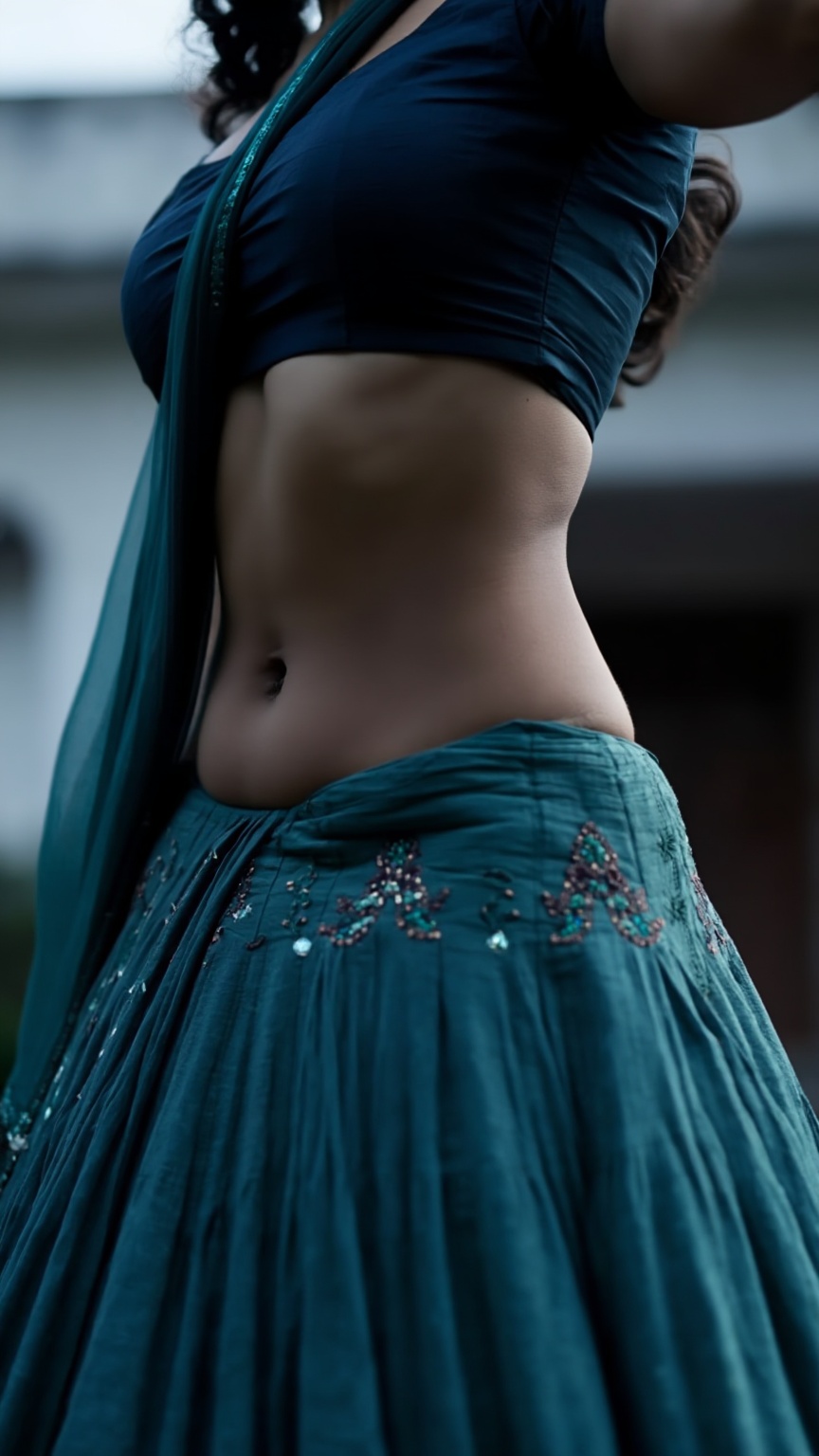 Low-angle,  young Indian woman with a fit hourglass figure,  ultra-low-rise low-waisted designer lehenga skirt on Tensor.Art
