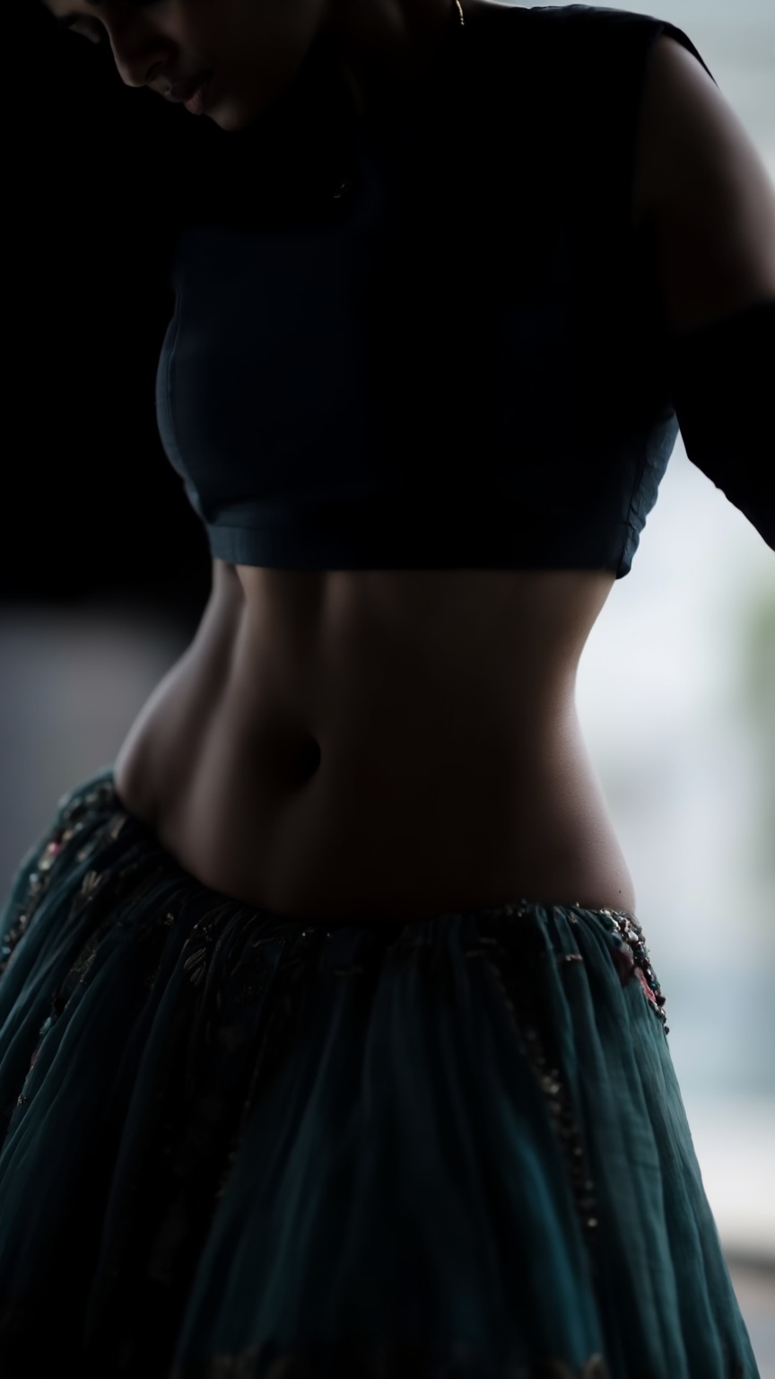 Low-angle shot of a young Indian woman with a fit hourglass figure,  showcasing an ultra-low-rise low-waisted designer leh...