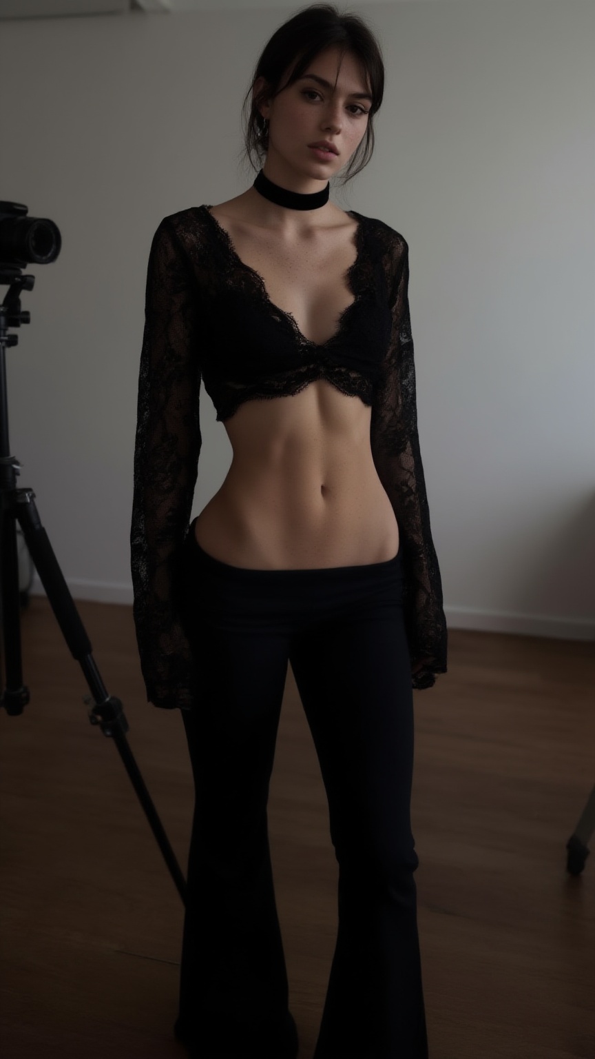 Highly detailed hyper-realistic full-body photograph of a slender young woman with dark hair pulled back,  wearing a black...