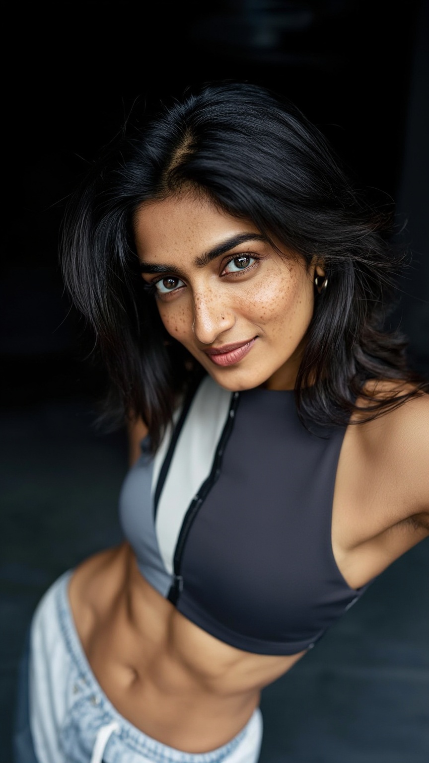 Beautiful Indian woman with a fit feminine physique,  slim waist and subtle athletic muscles,  dressed in a fashionable mo...