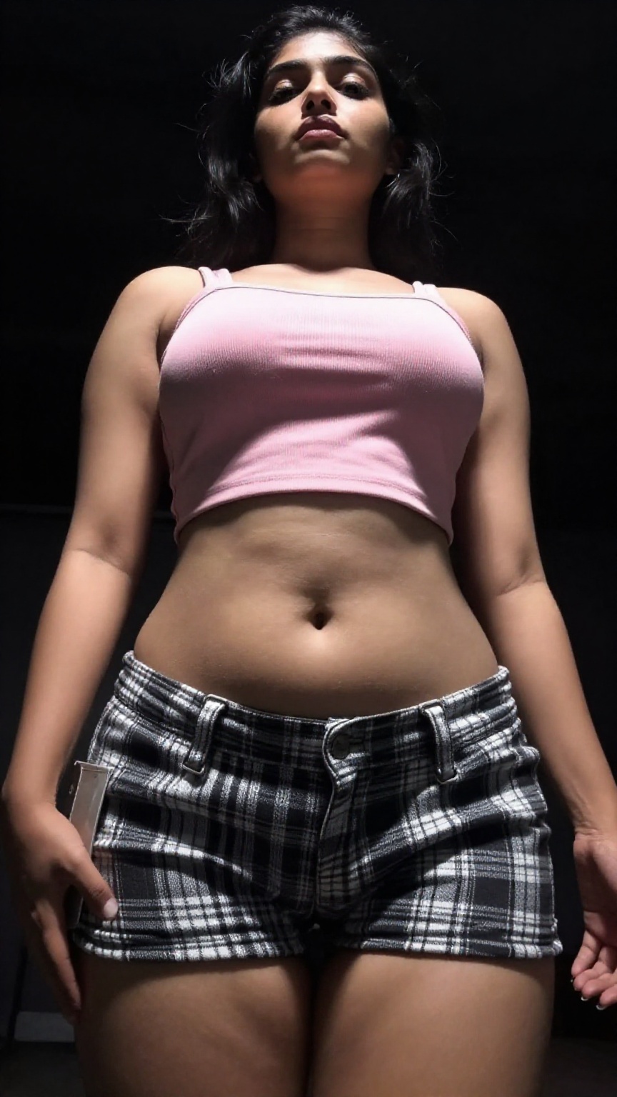 Extreme low-angle ground POV,  camera almost touching the floor,  looking straight upward from hips to face on Tensor.Art