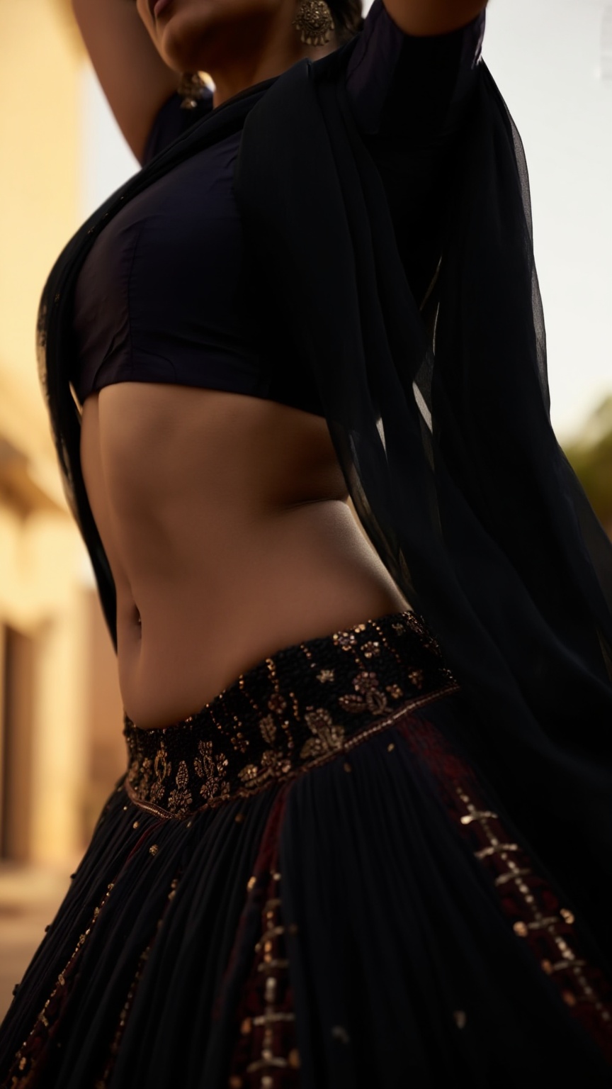 Low-angle fashion editorial,  young Indian woman with a fit hourglass figure,  ultra-low-rise low-waisted designer lehenga...