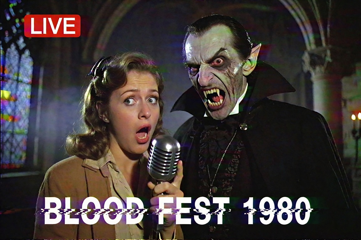 A terrified female reporter holding a vintage microphone,  interviewing a sinister vampire inside a gothic castle at night...
