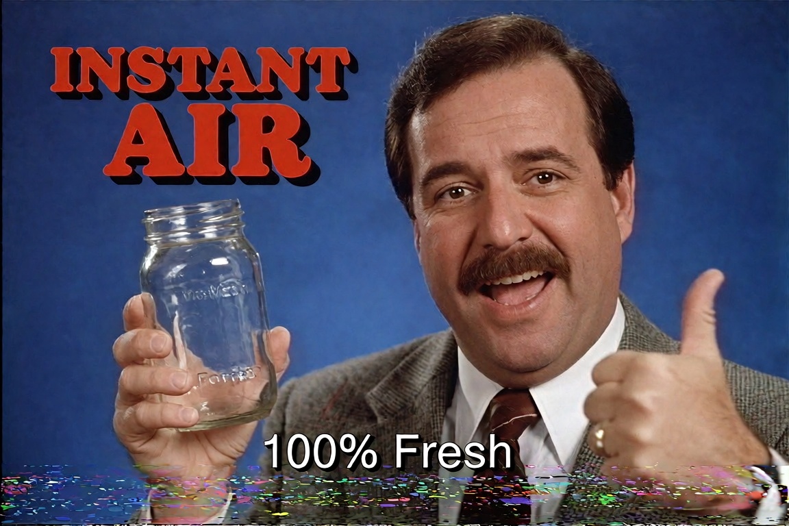 1990s VHS commercial screenshot. A cheesy salesman with a mustache holding an empty glass jar,  giving a thumbs up. Blue s...