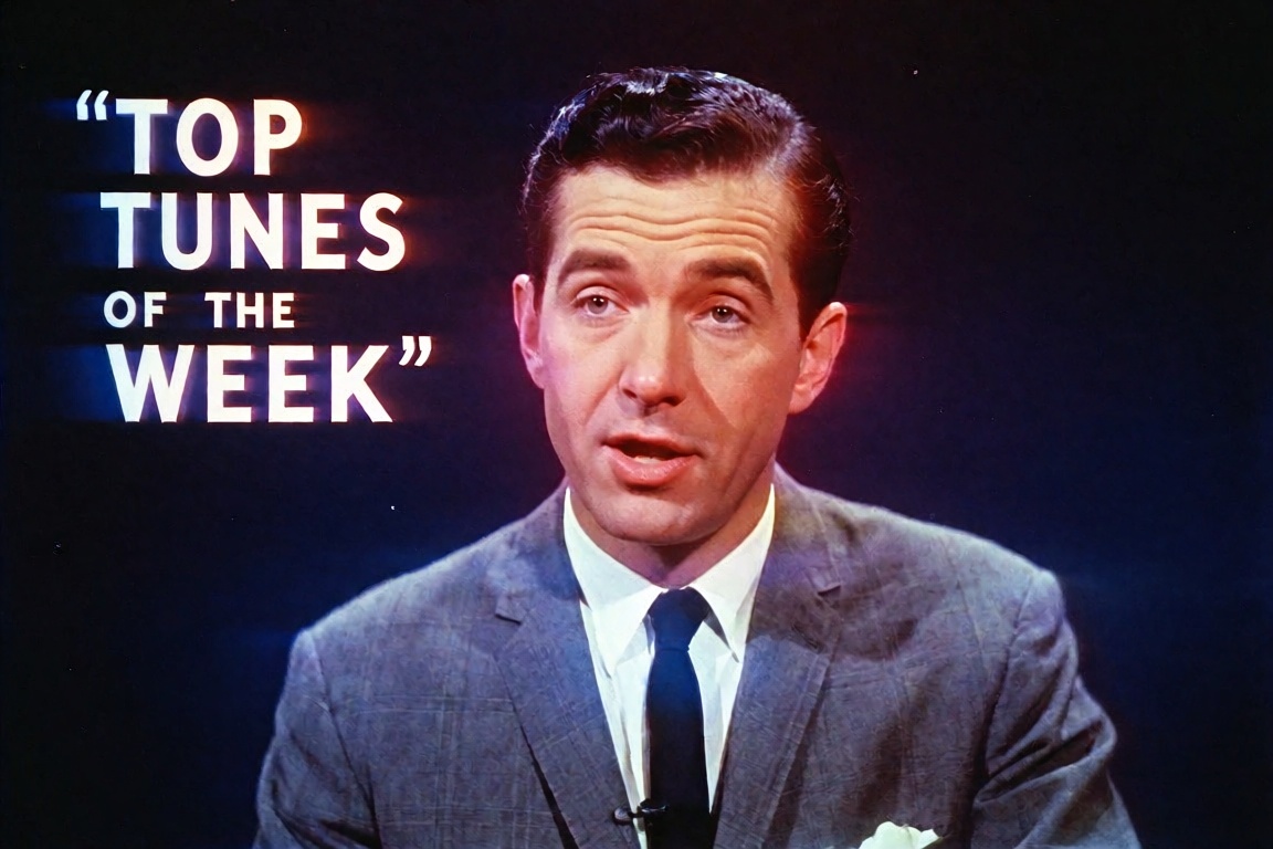 a vintage broadcast host in a suit and tie presents "Top Tunes of the Week,  " the entire dark scene defined by extreme ch...