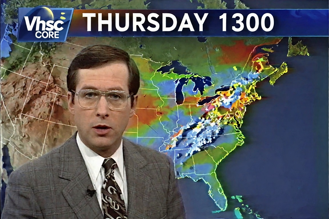 vhsc0re,  a weatherman in a suit and glasses presents the forecast in front of a vibrant weather map with a "THURSDAY 1300...