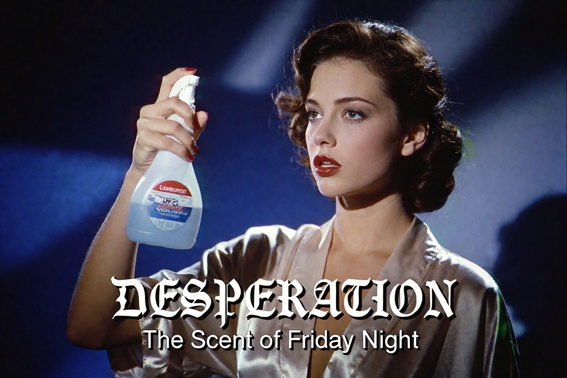 1990s VHS footage. A gorgeous woman with dark lipstick and a silk robe holding a cheap plastic spray bottle like it is a m...