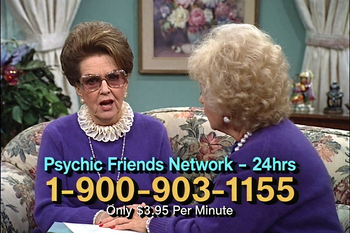 A 1990s Psychic Friends Network TV infomercial recorded off a degraded VHS tape,  4:3 aspect ratio. Two older women in mat...