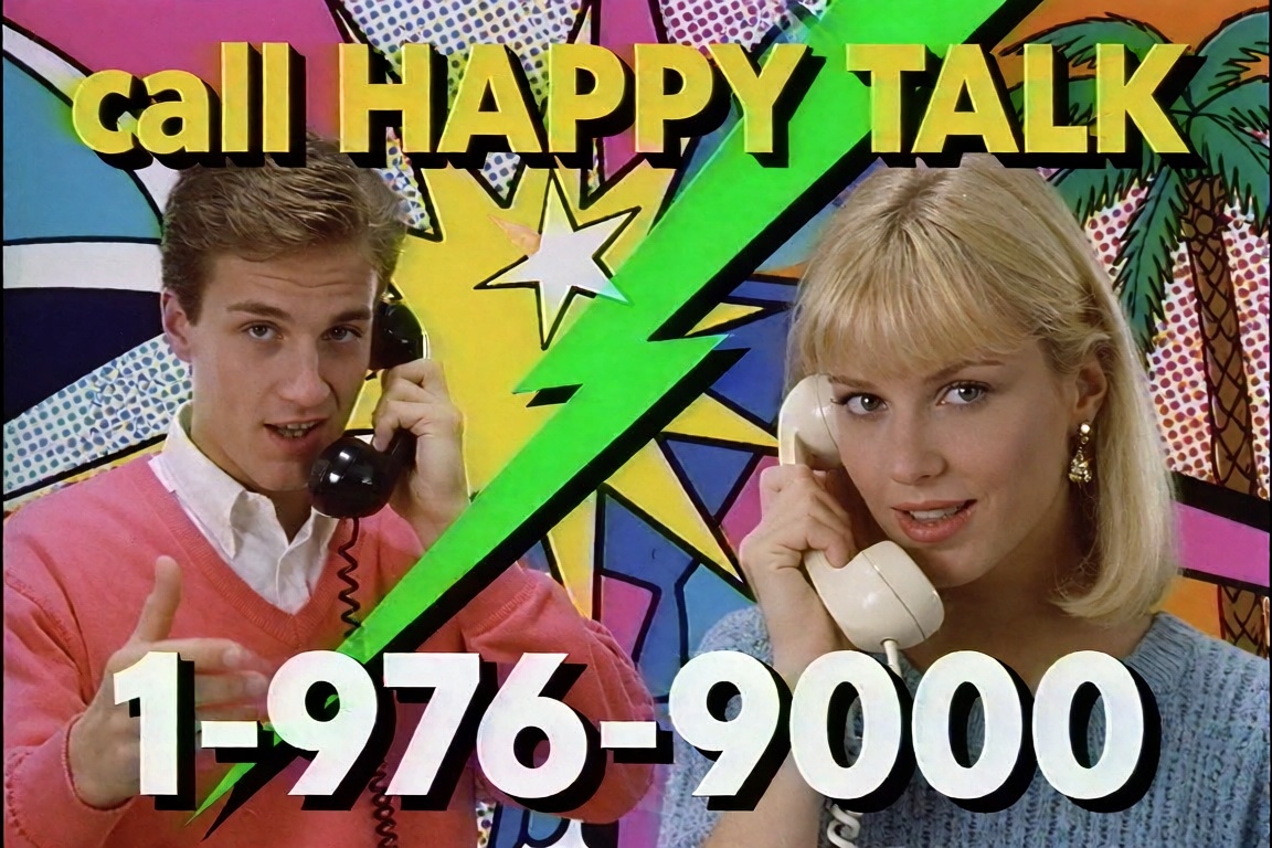 A late-1980s phone-chat-line TV commercial recorded off a degraded VHS tape,  4:3 aspect ratio,  built as a diagonal split...