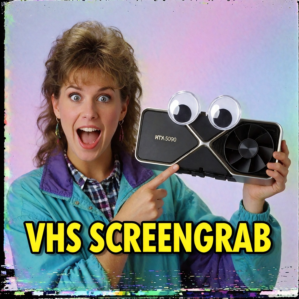 A 1990s VHS screenshot of a cheesy late-night infomercial. A saleswoman with a big mullet hairstyle and a bright teal wind...
