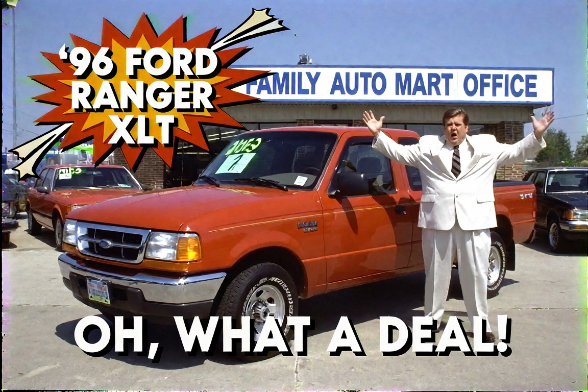 A cheesy mid-1990s local-TV used-car dealership commercial recorded off a degraded VHS tape,  4:3 aspect ratio. An orange-...