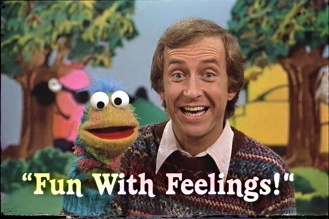 Still frame from a degraded VHS tape of a creepy 1980s educational show. A host with a fixed,  overly-enthusiastic smile a...