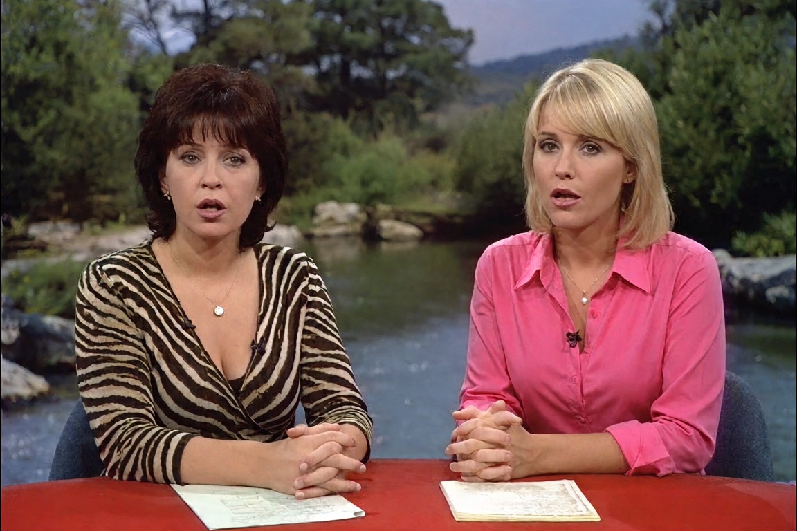 two women,  one in a zebra-print top and one in a bright pink shirt,  host a talk show at a red table on Tensor.Art