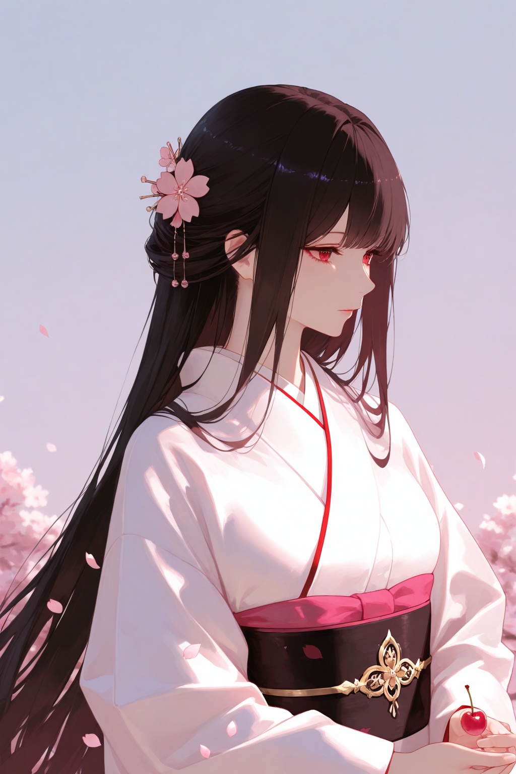 A long-haired woman wearing a white kimono,  with a cherry blossom hair accessory,  holding a pink cherry blossom by ikun...