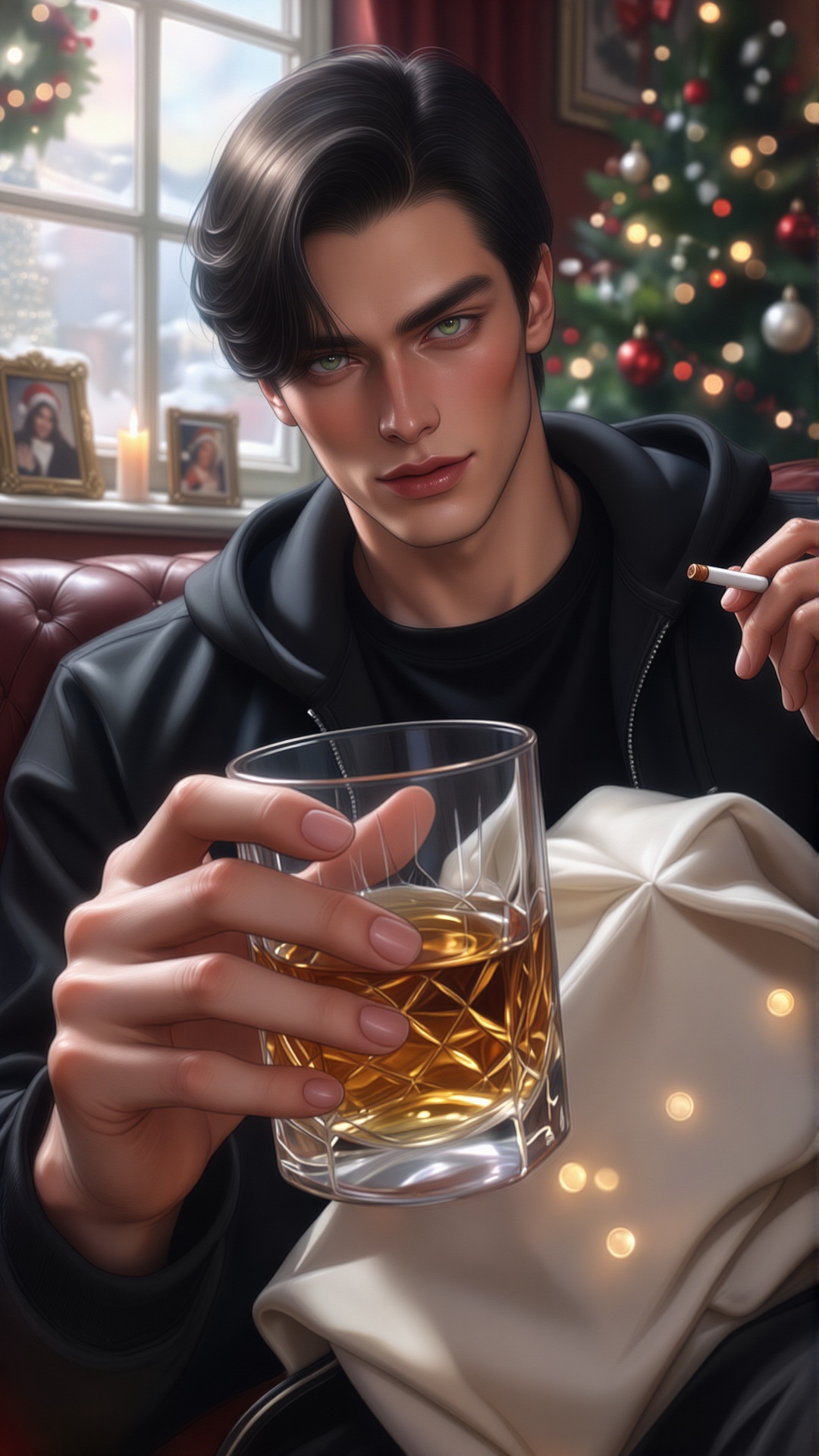 Center foreground: The image shows a person sitting on a leather armchair,  holding a glass of what appears to be whiskey....