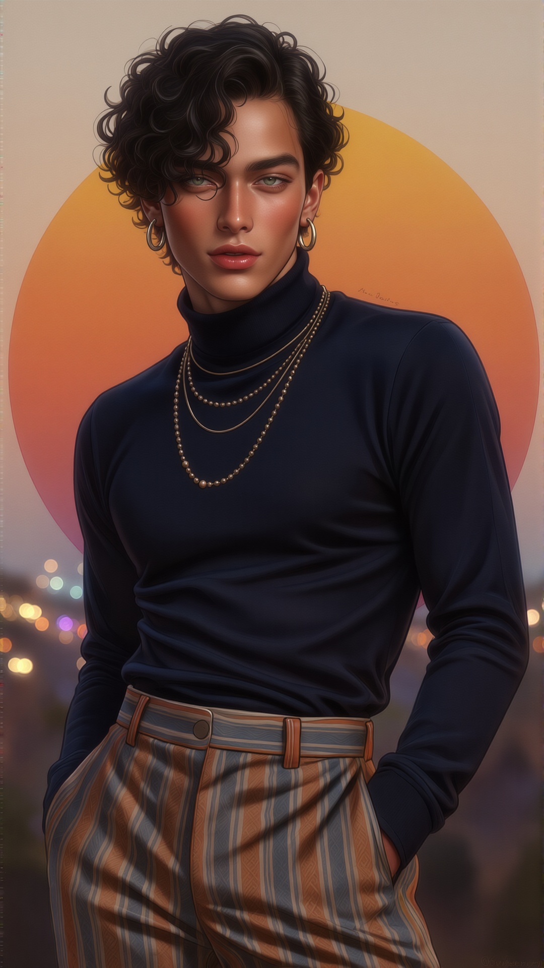 Center foreground: The image depicts a stylized,  artistic portrait of a person. The individual is wearing a dark blue tur...