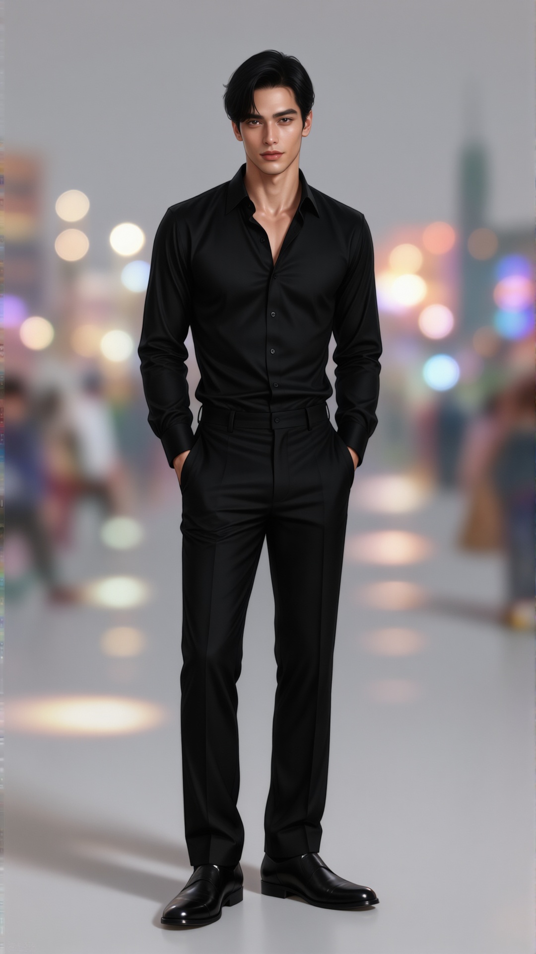 Center foreground: The image shows a man standing against a plain,  light gray background. He is dressed in a black,  long...