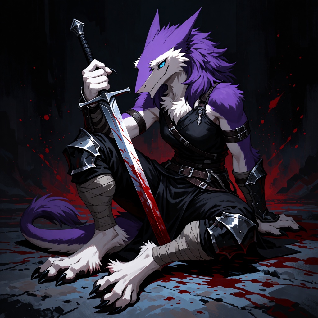 This is a digital painting of an anthropomorphic ***** sergal with a muscular build,  sitting in a dark,  ominous environm...