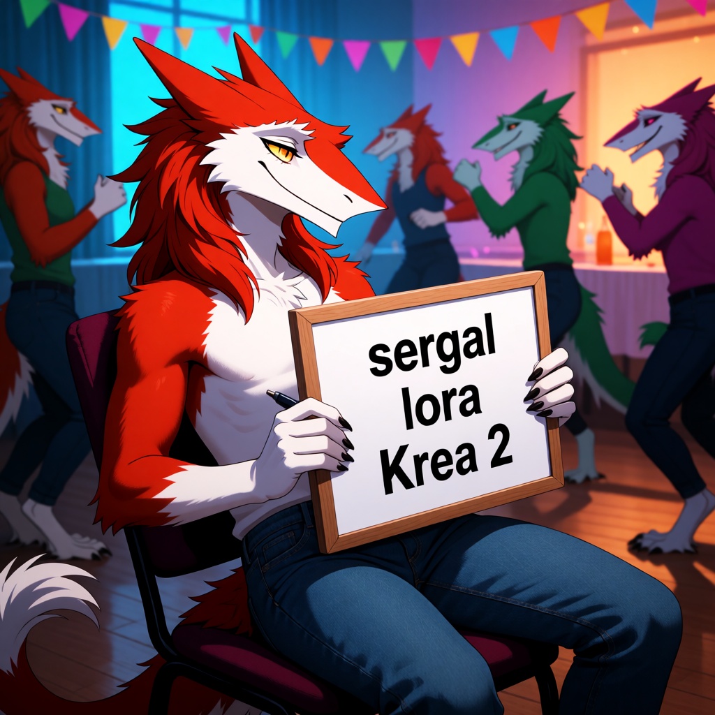 An sergal with red fur sitting in a chair holding a board with text "sergal lora Krea 2" wearing casual clothes,  at a par...