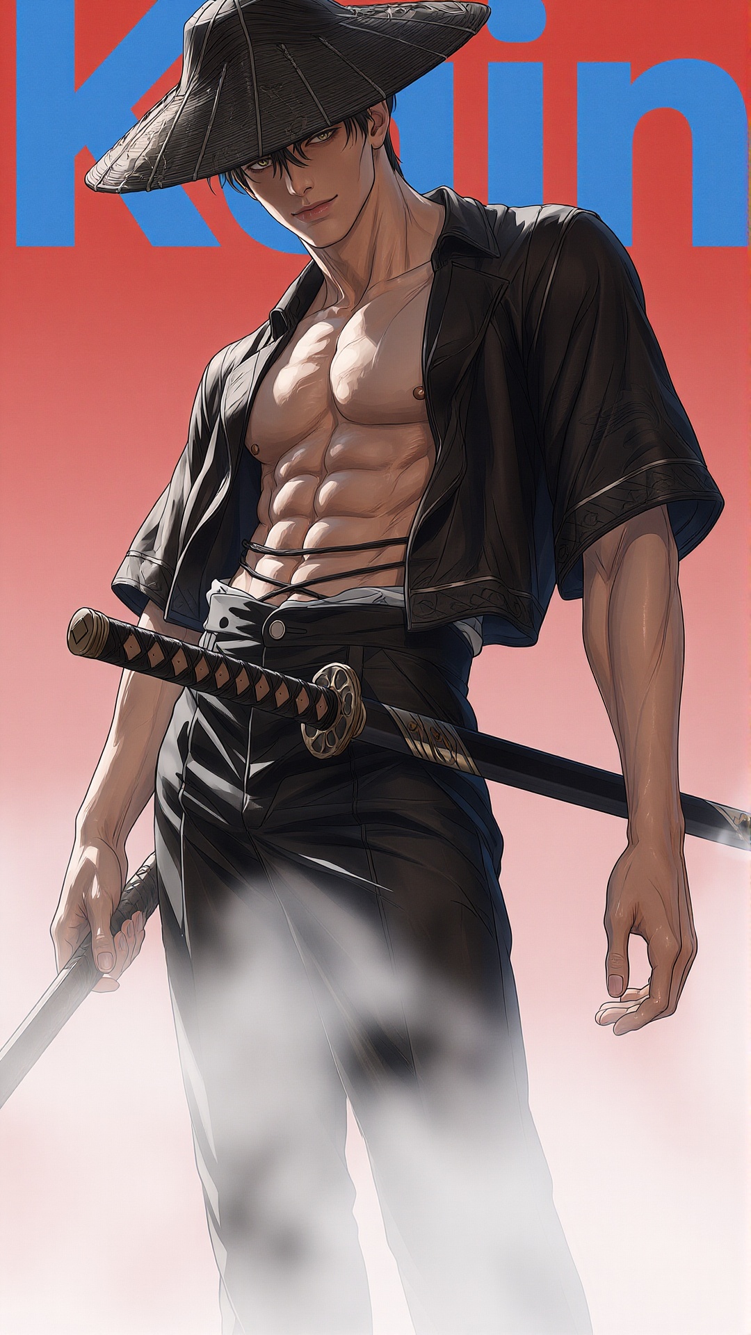 CENTER FOREGROUND: The image depicts a stylized,  anime-inspired character dressed in traditional Japanese attire. The cha...