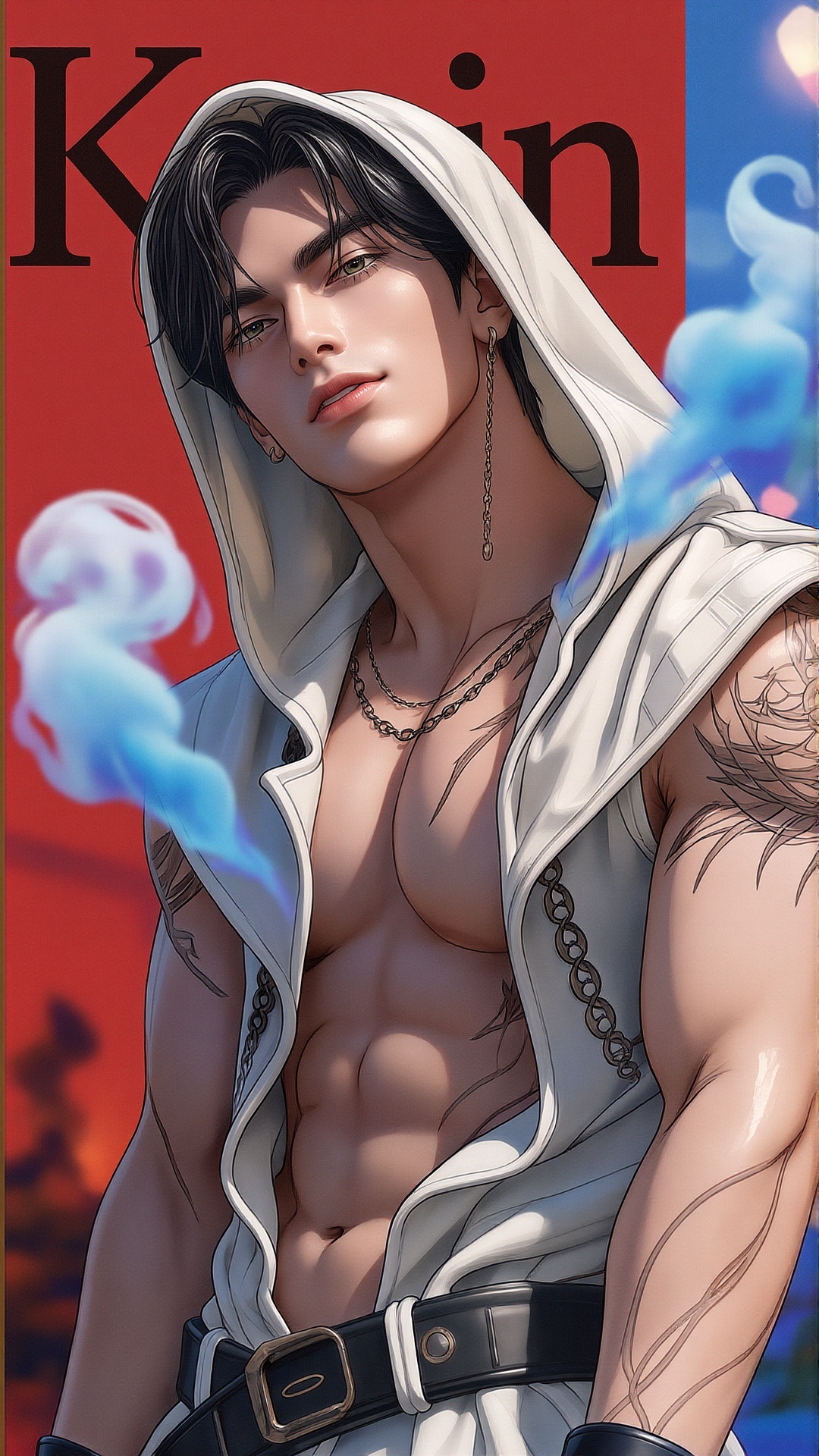 CENTER FOREGROUND: The image depicts a character with striking green eyes and short black hair,  wearing a white hooded cl...