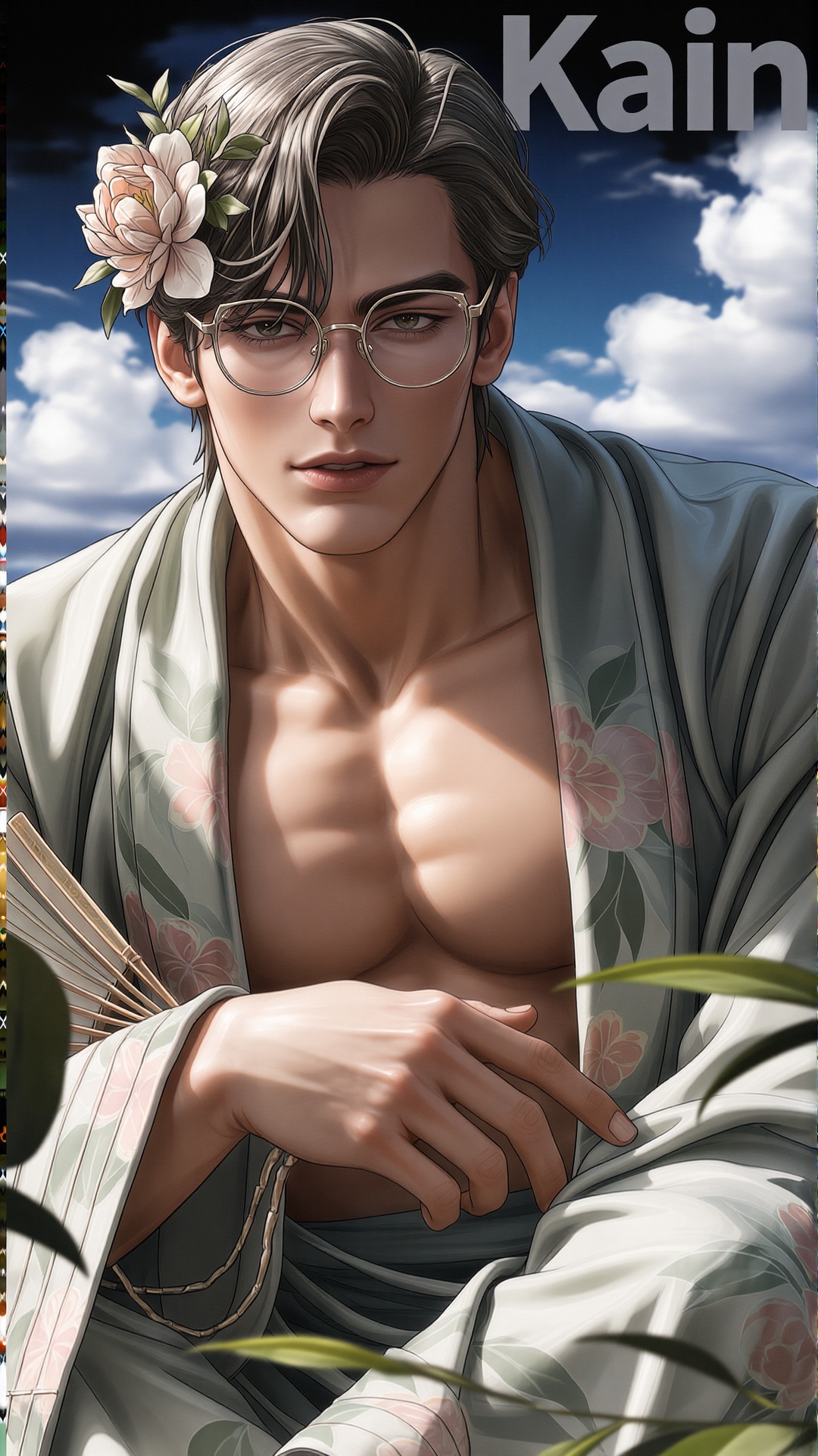 CENTER FOREGROUND: The image depicts a stylized,  anime-inspired character dressed in a traditional green robe adorned wit...