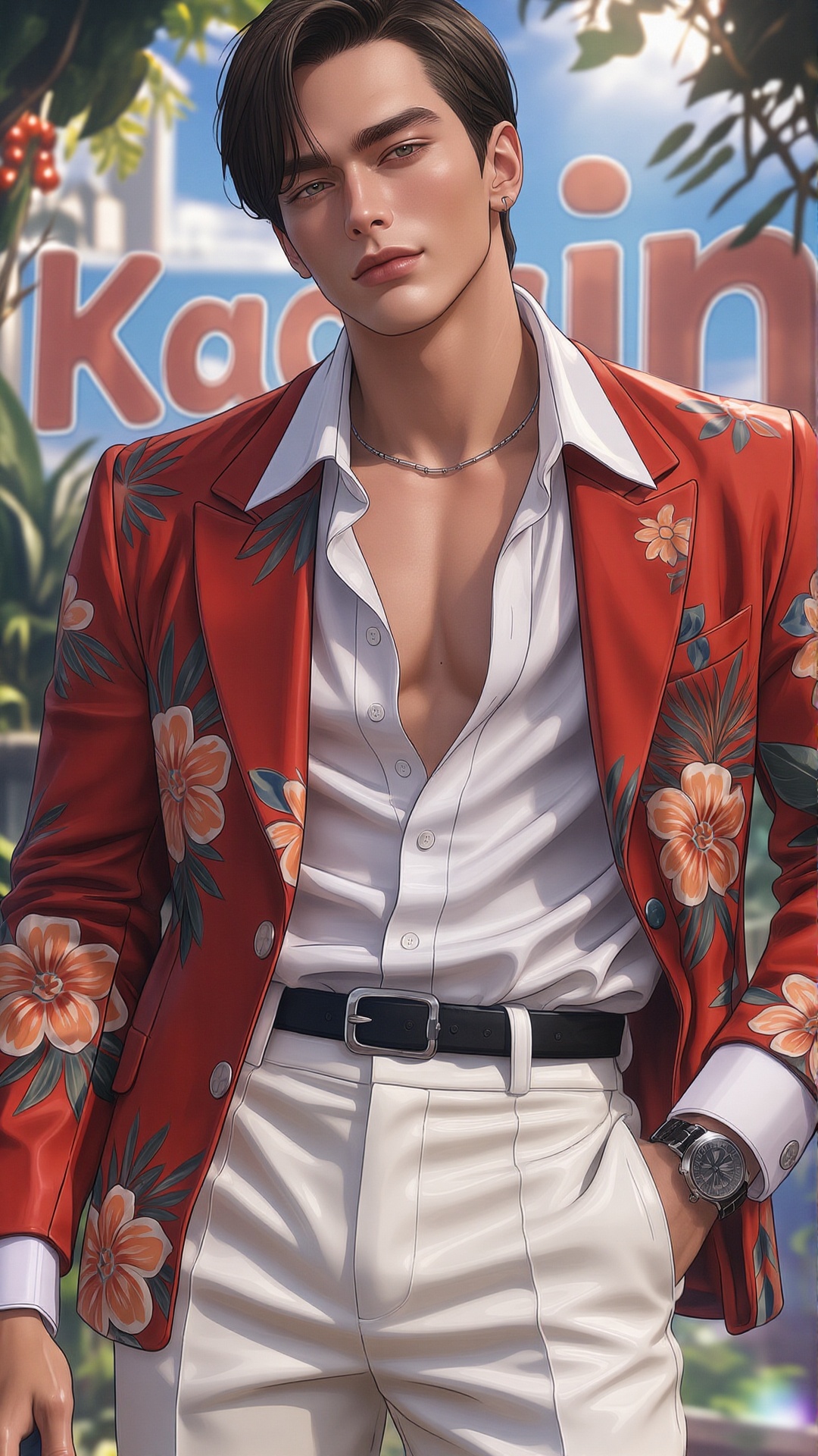 CENTER FOREGROUND: The image depicts a stylish individual standing against a tropical background. The person is wearing a...
