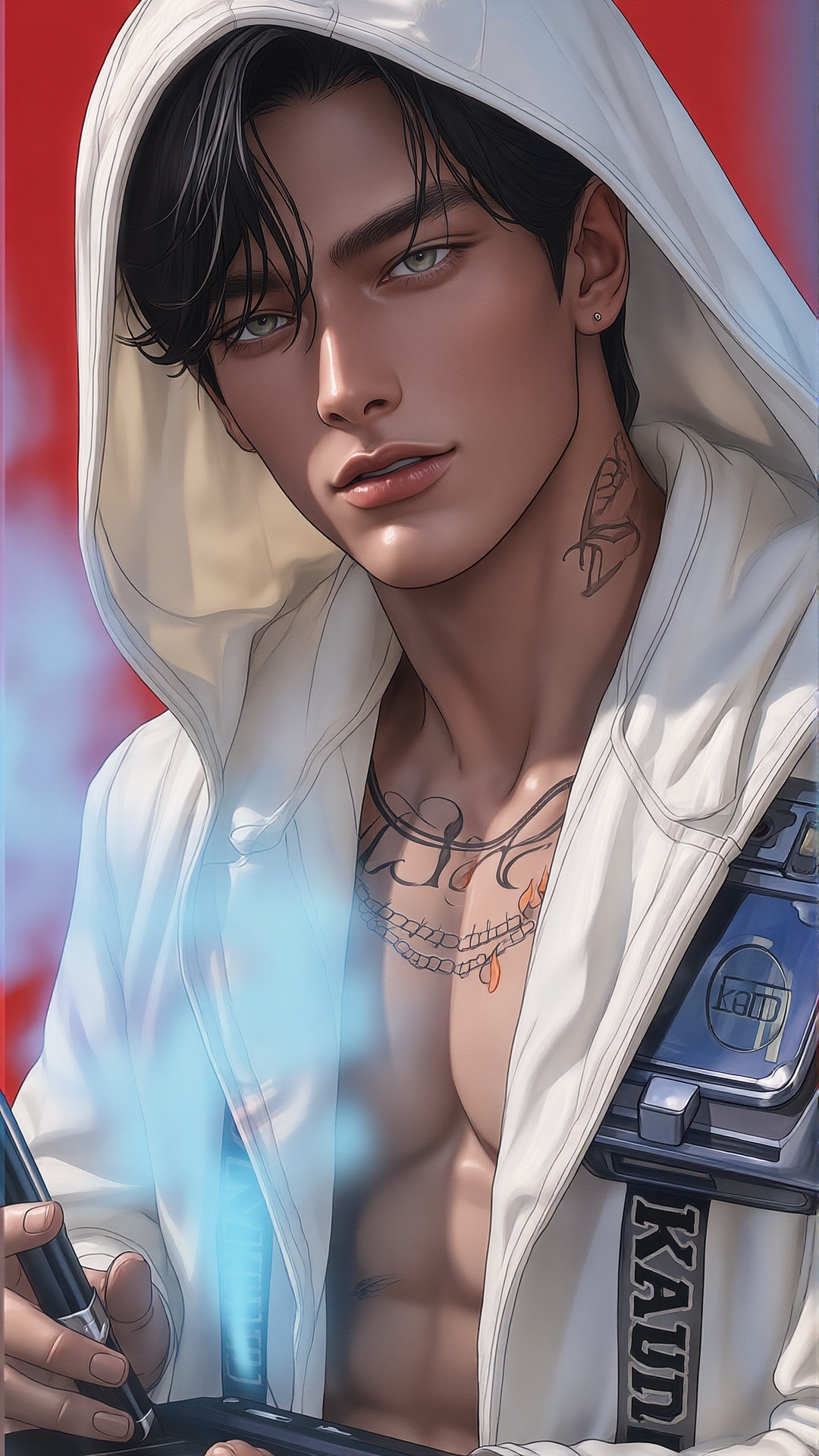 CENTER FOREGROUND: The image depicts a character with striking green eyes and short black hair,  wearing a white hooded cl...