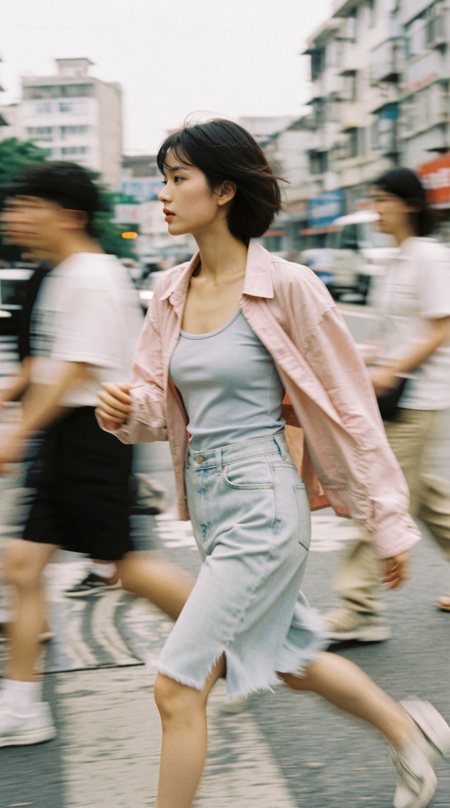 Cinematic street photography,  stylish young,  woman in motion on Tensor.Art