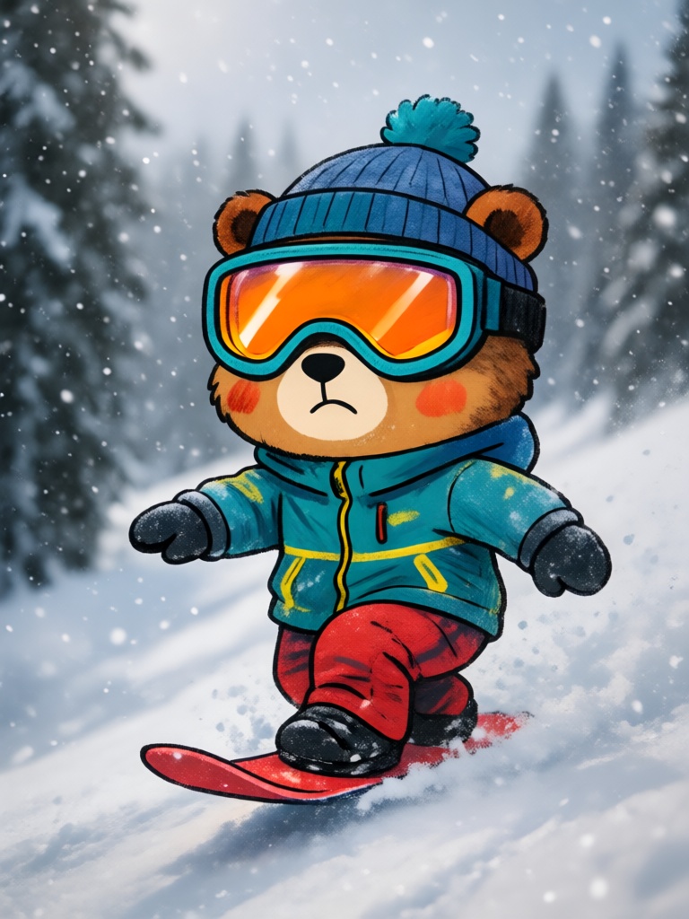 this is a digital drawing in a cartoon style depicting an anthropomorphic bear snowboarding in a snowy forest,  the bear w...