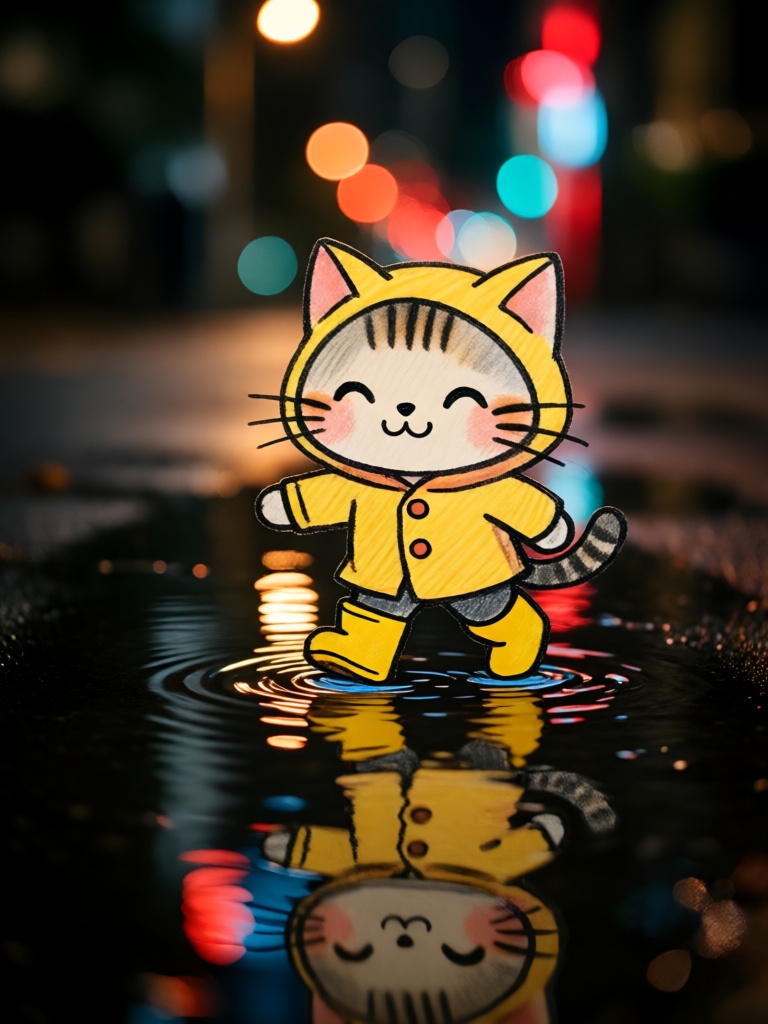 this is a photograph of a cute,  cartoon-style drawing of a smiling cat wearing a yellow raincoat and matching boots,  sta...