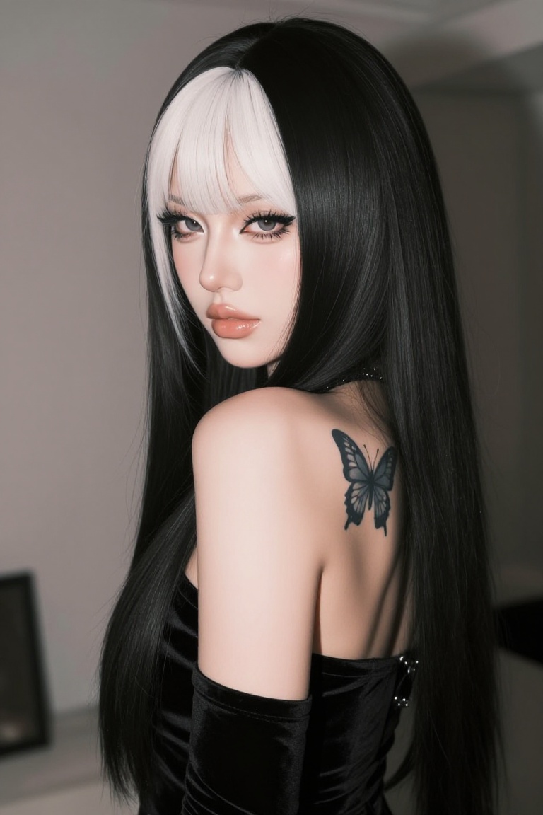 A stylish young woman with long,  straight black hair and white blunt bangs,  angled slightly away from the camera. She we...