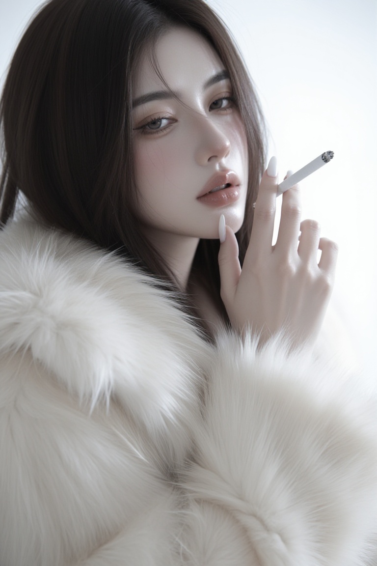 A young woman with dark hair and light brown eyes is captured in a medium close-up shot. She's wearing a luxurious,  cream...