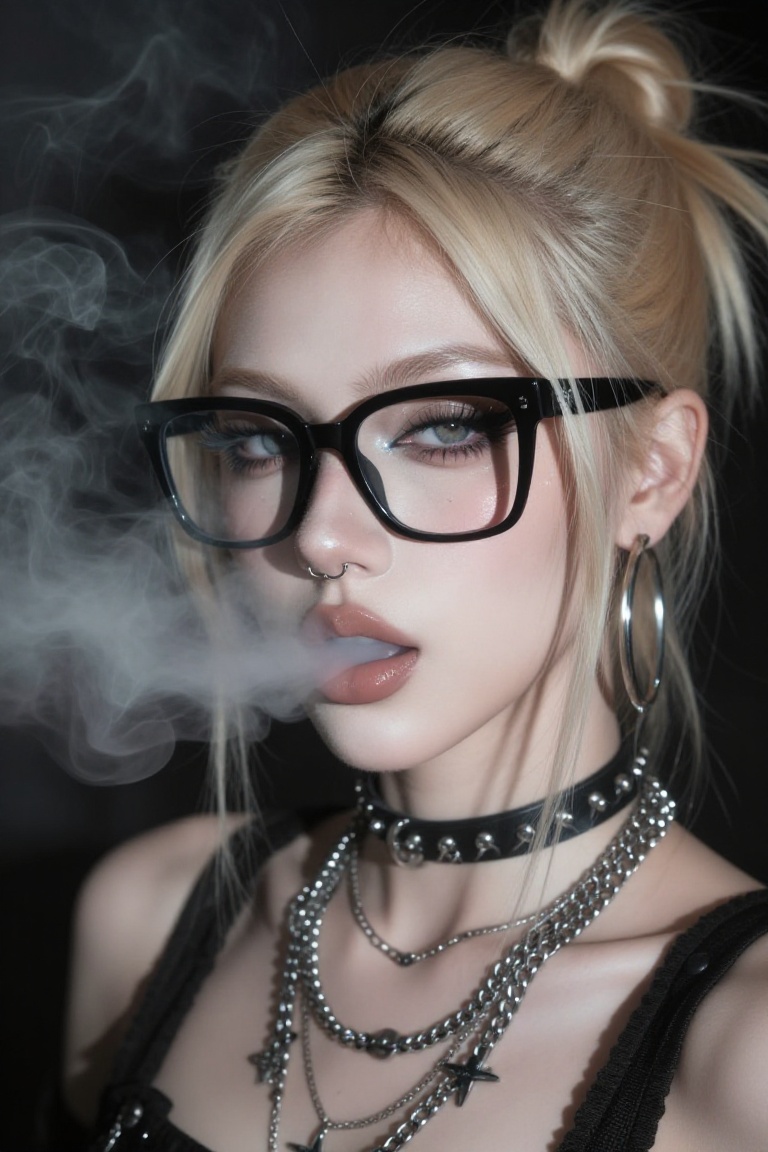 A close-up portrait of a young woman with striking makeup,  wearing large black-rimmed glasses and exhaling smoke. She has...