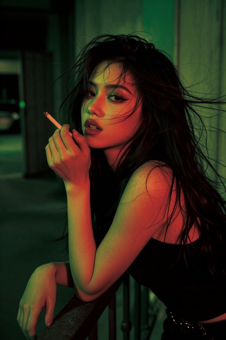 A captivating portrait profile of a young woman with long,  dark,  windswept hair on Tensor.Art