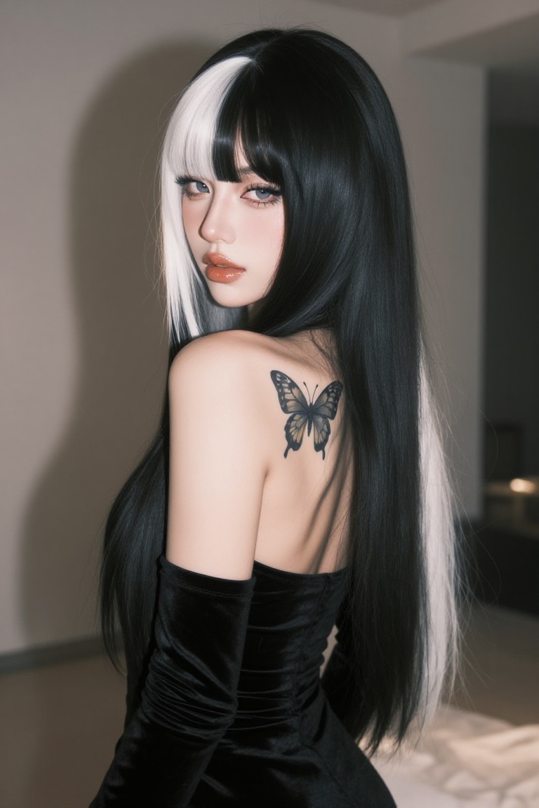 A stylish young woman with long,  straight black hair and white blunt bangs,  angled slightly away from the camera. She we...