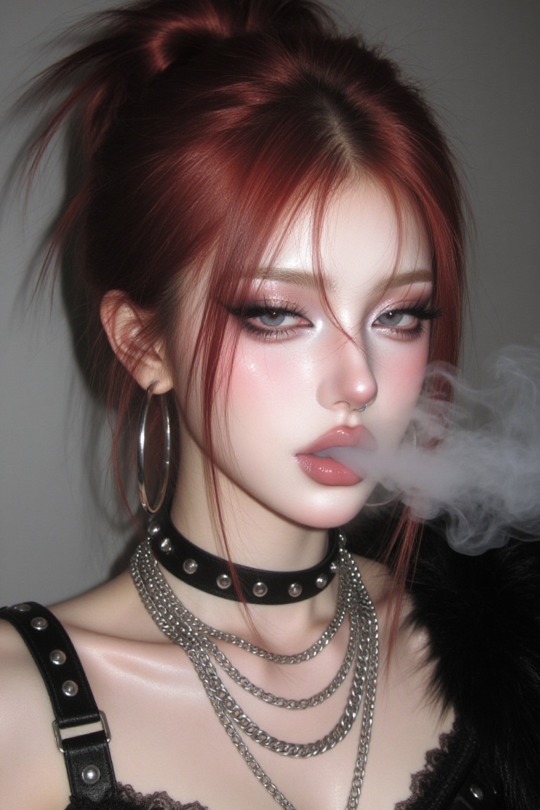 A close-up portrait of a young woman with striking makeup and exhaling smoke. She has her red hair pulled up in a high pon...