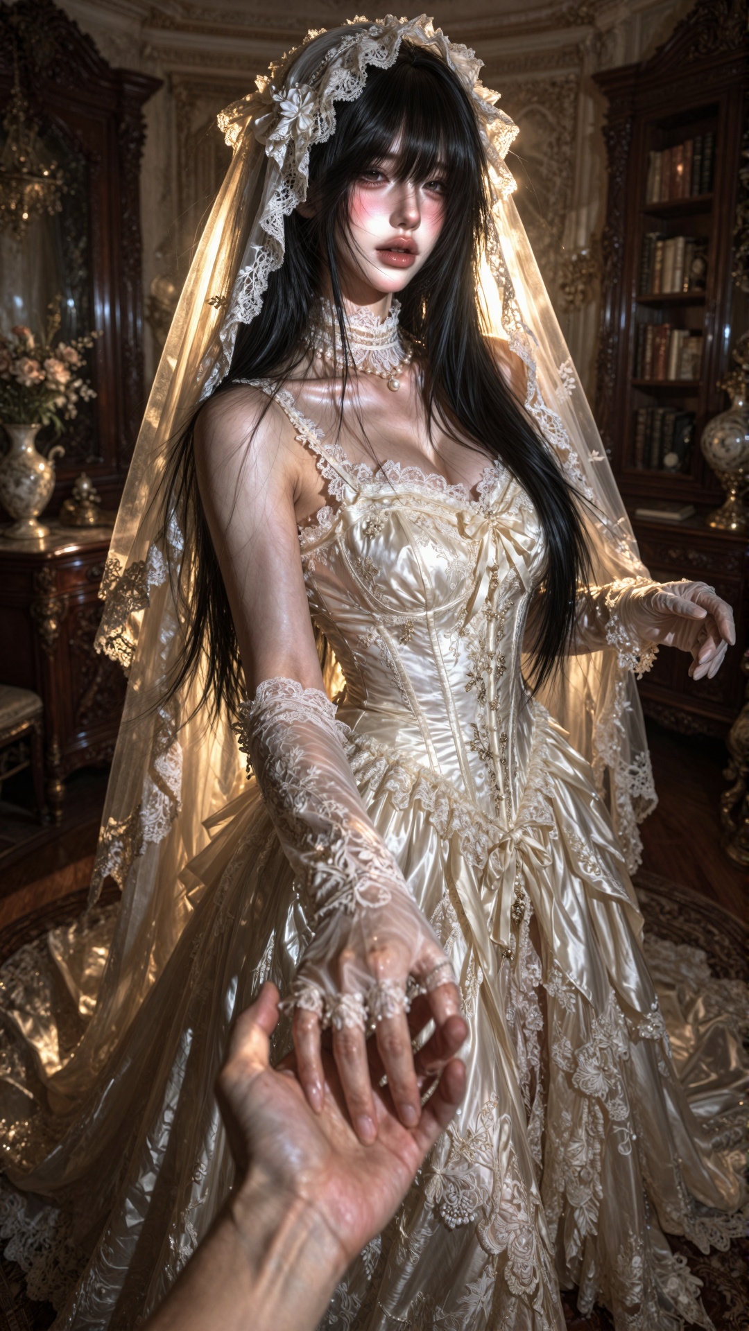Prompt An ultra-realistic cinematic portrait of a breathtakingly beautiful young woman wearing an elegant vintage bridal g...