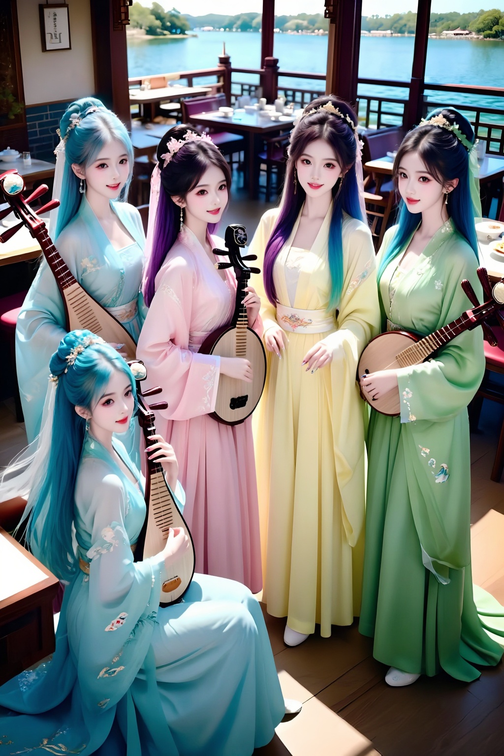 Four girls are playing oriental classical instruments in a Chinese restaurant. The girls each wore an elegant silk Hanfu o...