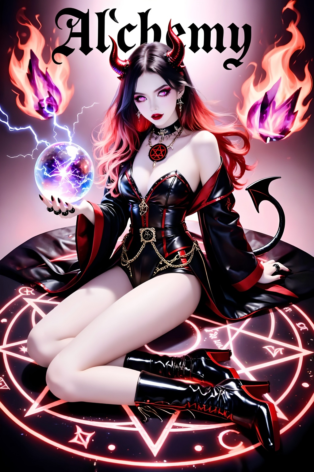 Top quality. Inspiration: Cover design,  Gothic style,  alchemist. Cover: A long-haired Gothic girl holding an electricall...