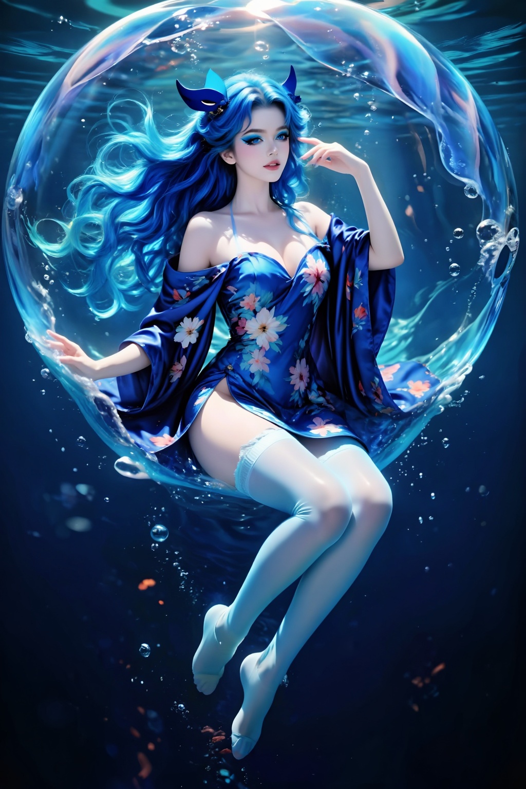 Top quality. Inspiration: Ocean,  floating. Image content: A young woman is enveloped in a large ocean bubble. She has a v...